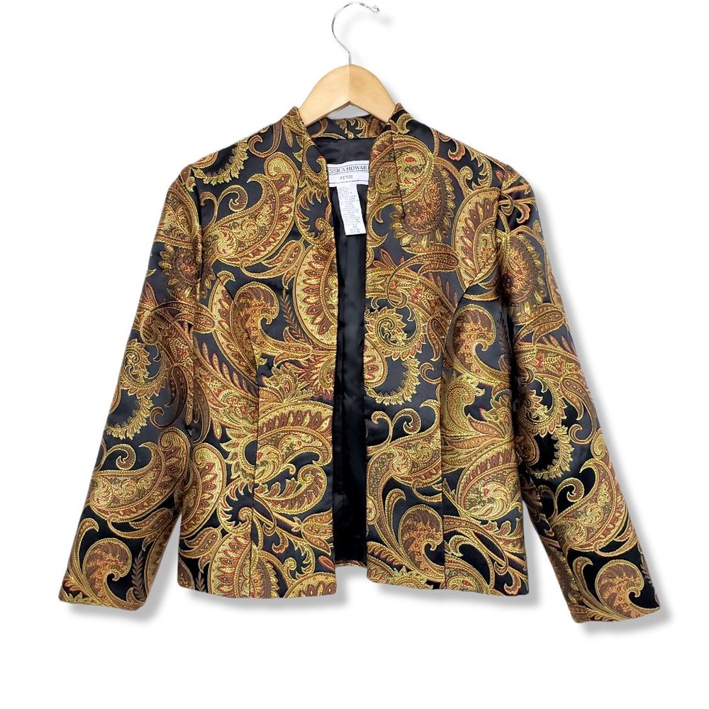 Vintage Jessica Howard Black and Gold Open Paisley Print Blazer Size 6P